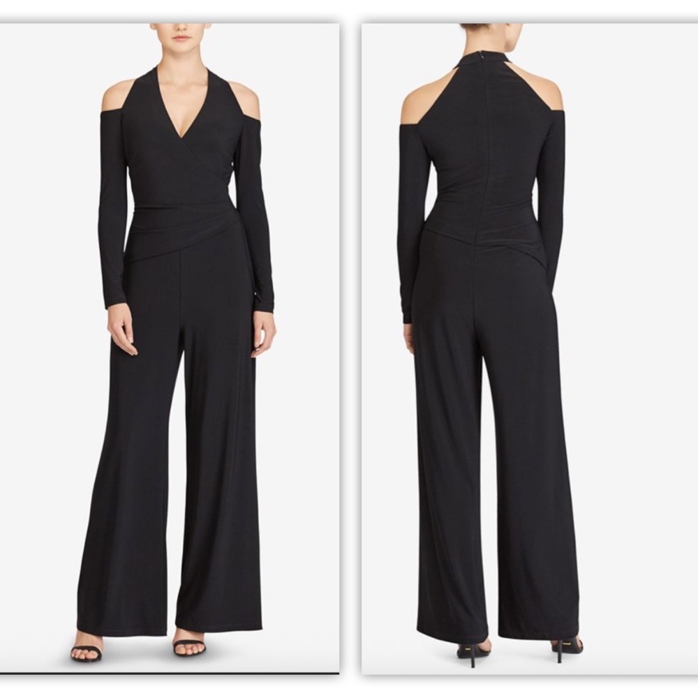 Lauren Ralph Lauren Black Cold Shoulder V Neck Wide Leg Jumpsuit Womens 2 NEW
